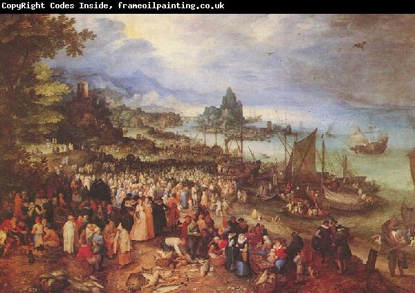 Jan Brueghel Sea port with the lecture of Christ